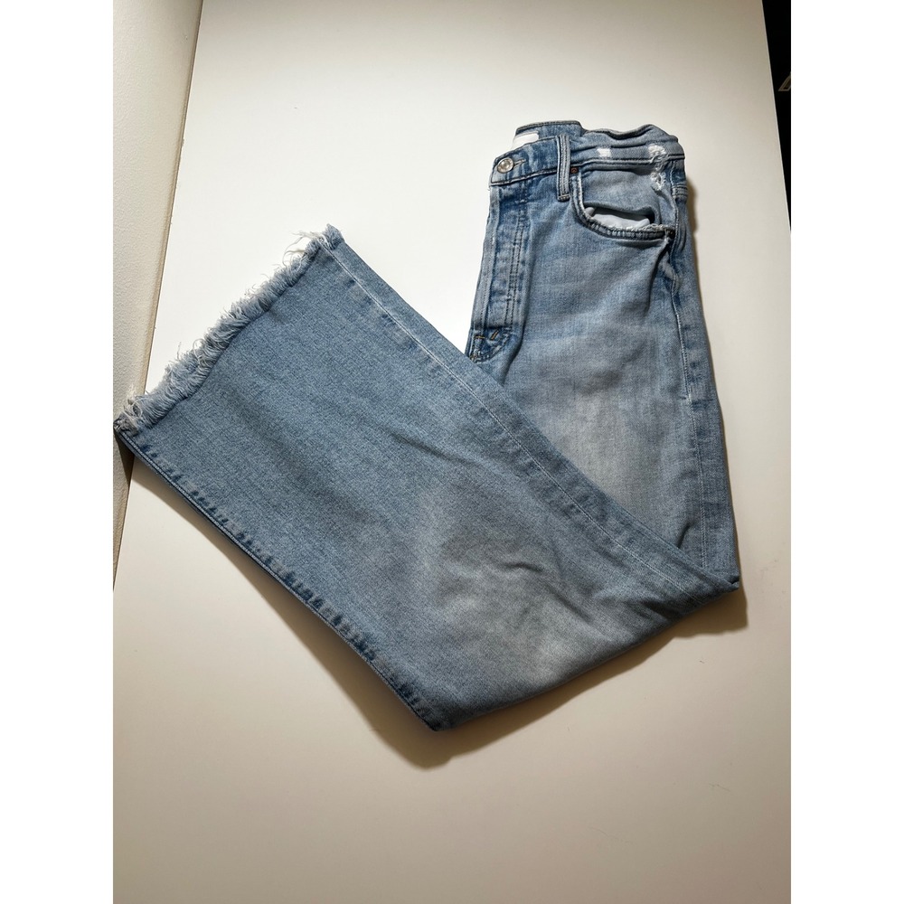 Mother Superior Womans High Rise Wide Leg Jeans 27 Light Wash Distressed Raw Hem